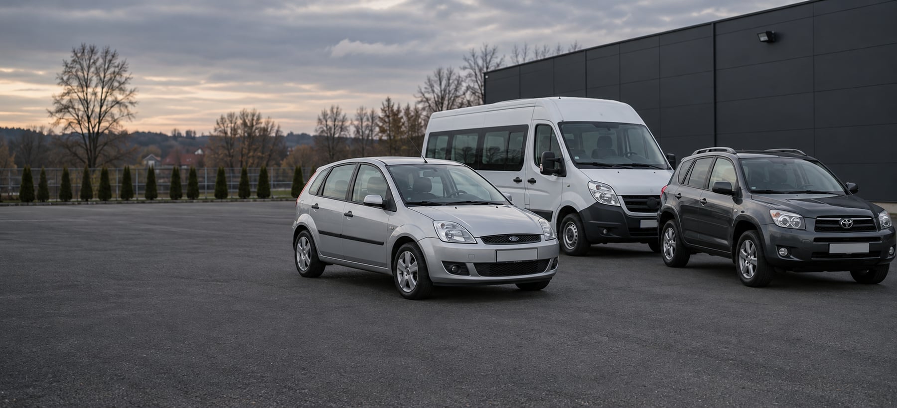 Zwykły samochód osobowy, biały bus i szary SUV na parkingu